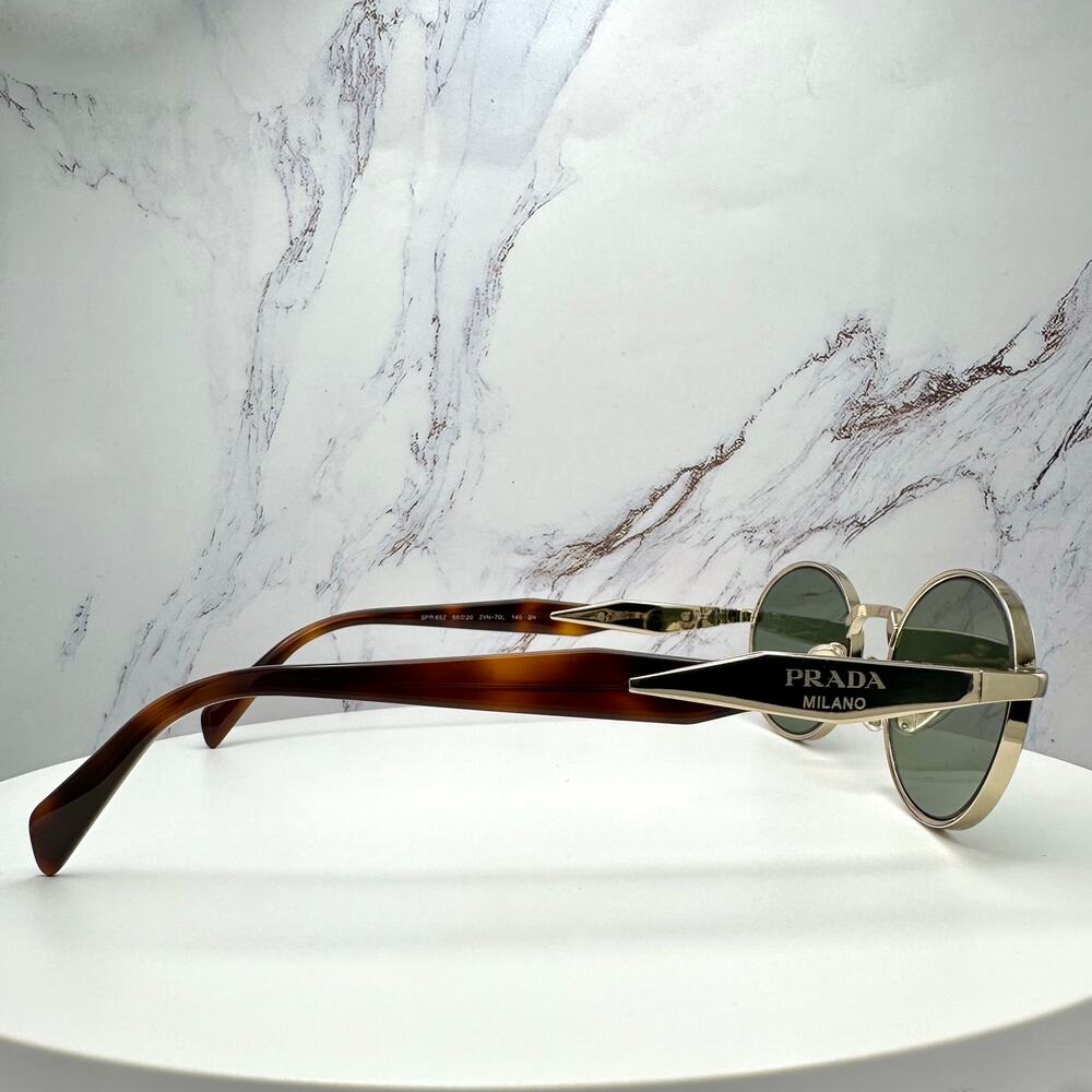 Prada Gold Frame Green Lens Brown Tortoise Temple Sunglasses - Picture 7 of 16
